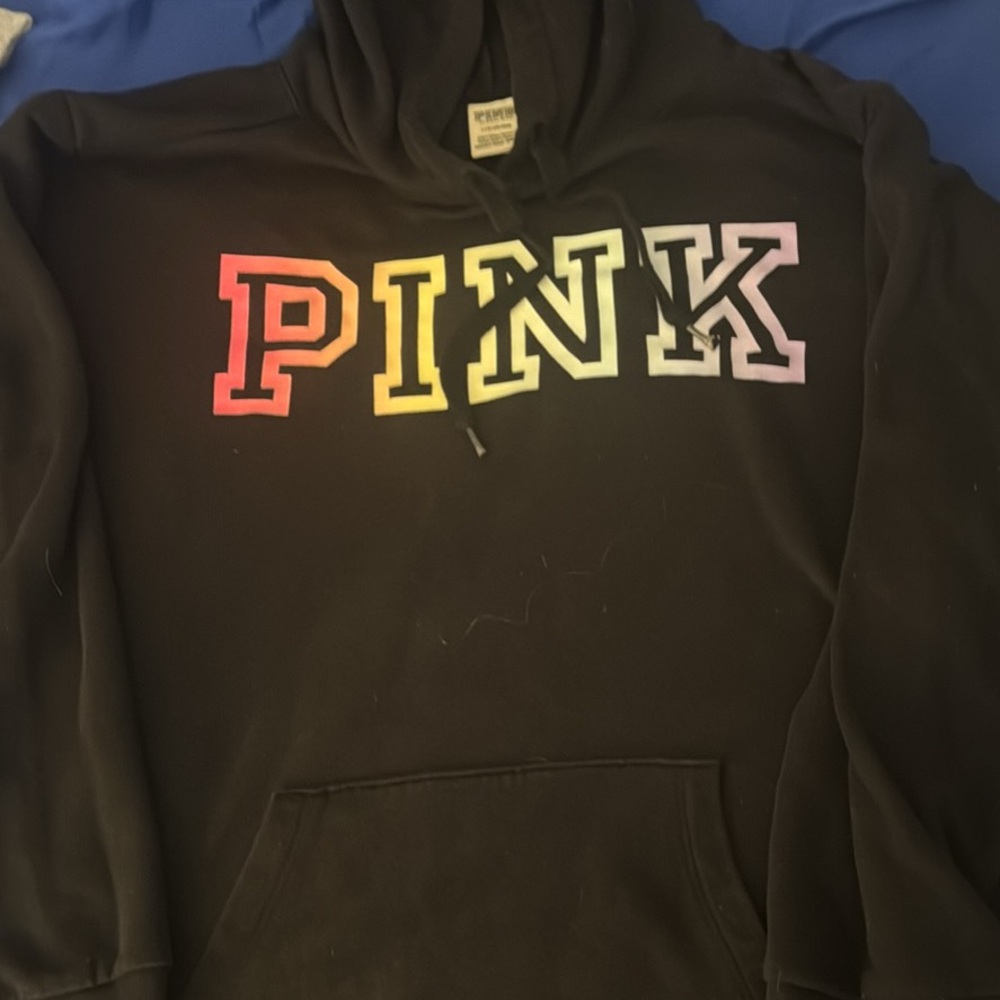 PINK Victoria's Secret Black Hoodie with Multicolor Logo
